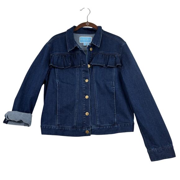 Draper James Jean Jacket Womens Size L Dark Wash Button Up Stretch Denim Ruffle - Picture 1 of 12